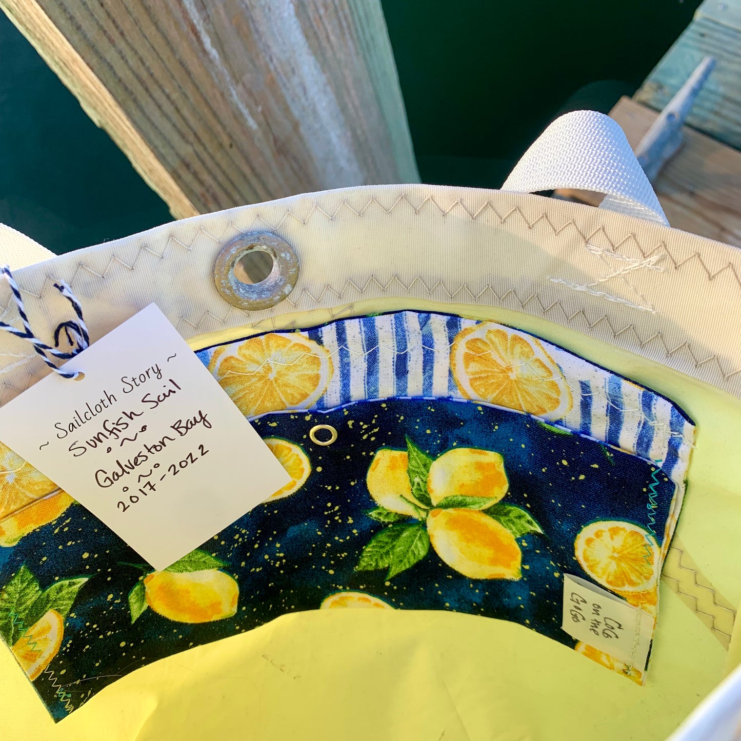 Small Tote - Upcycled Yellow Sunfish Sail with Lemon Pattern Pocket