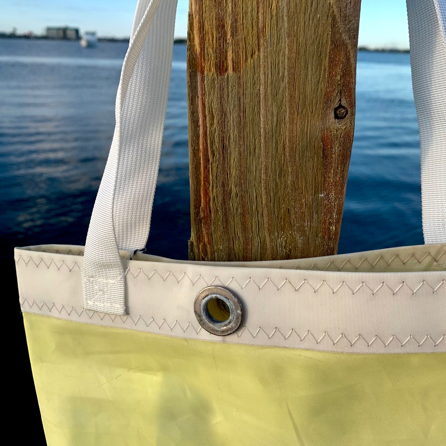 Small Tote - Upcycled Yellow Sunfish Sail with Lemon Pattern Pocket