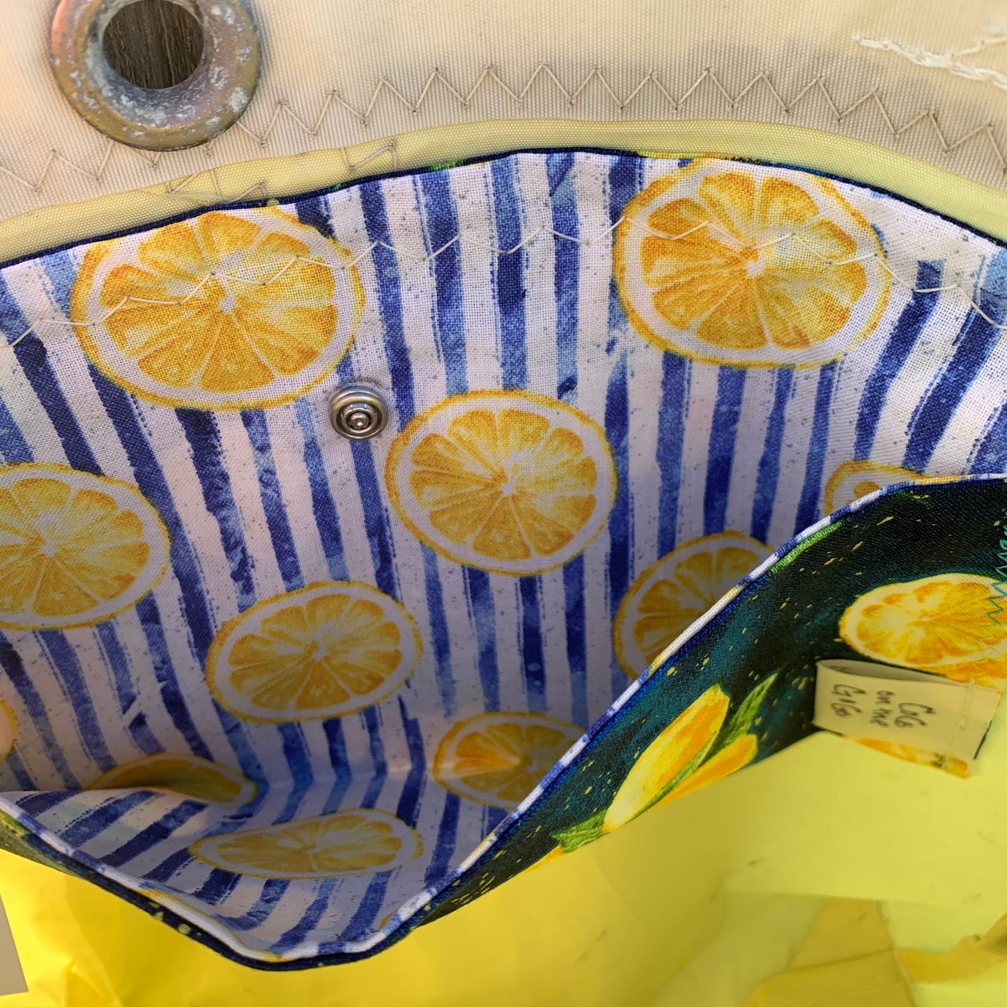 Small Tote - Upcycled Yellow Sunfish Sail with Lemon Pattern Pocket