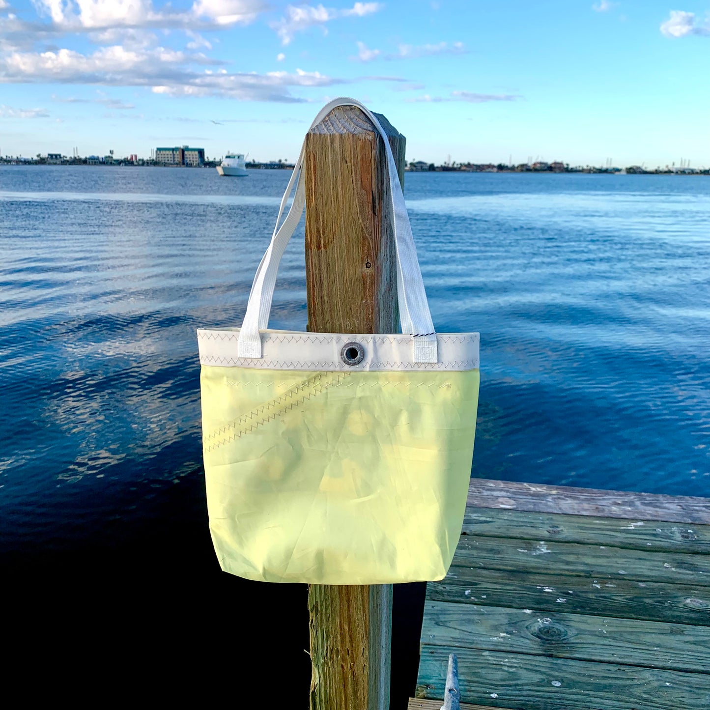Small Tote - Upcycled Yellow Sunfish Sail with Lemon Pattern Pocket