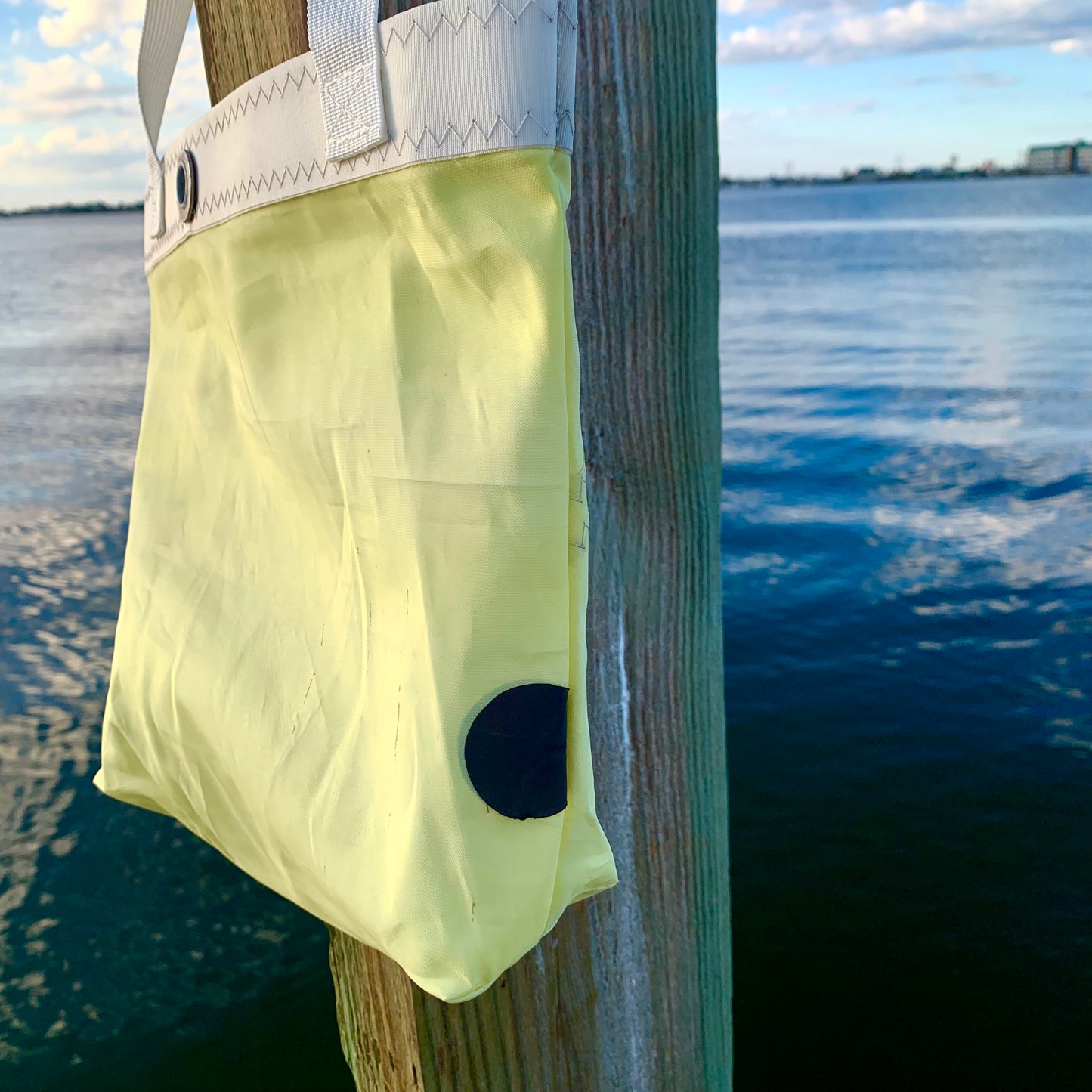 Small Tote - Upcycled Yellow Sunfish Sail with Lemon Pattern Pocket