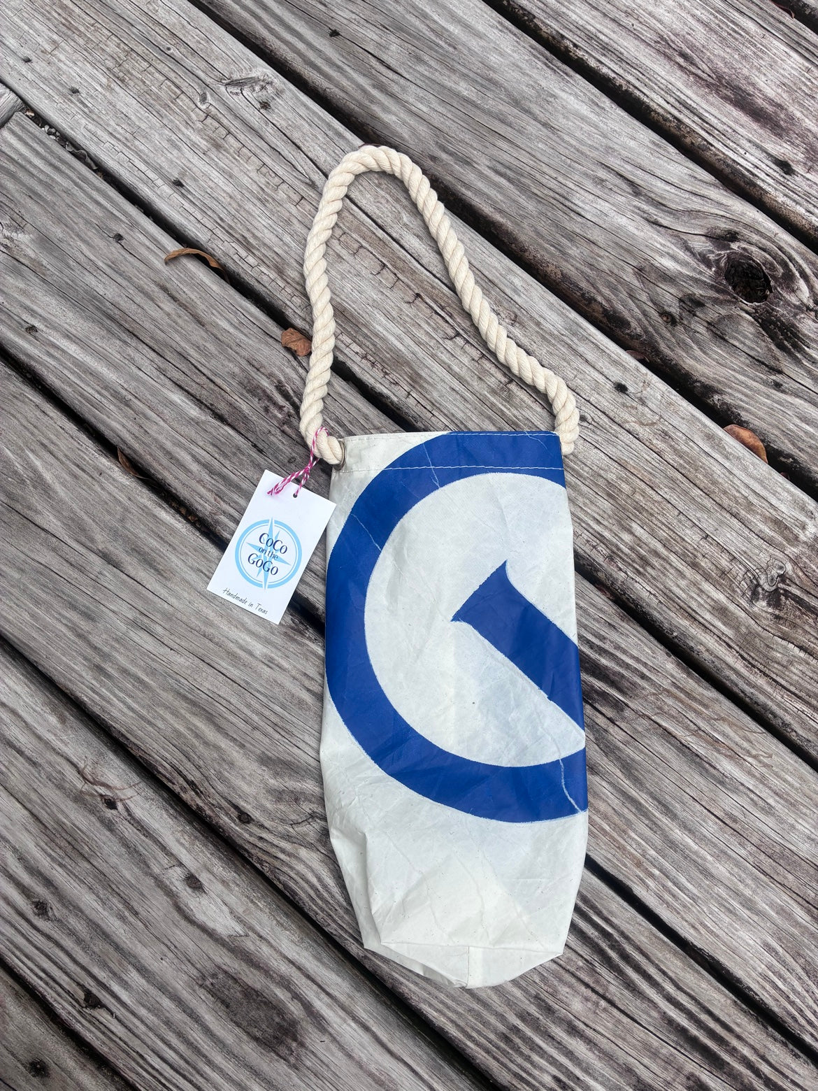 Wine Bag – Sailcloth Wine Tote | Optimist Sail, Blue Insignia | One of a Kind | Made from Real Sail