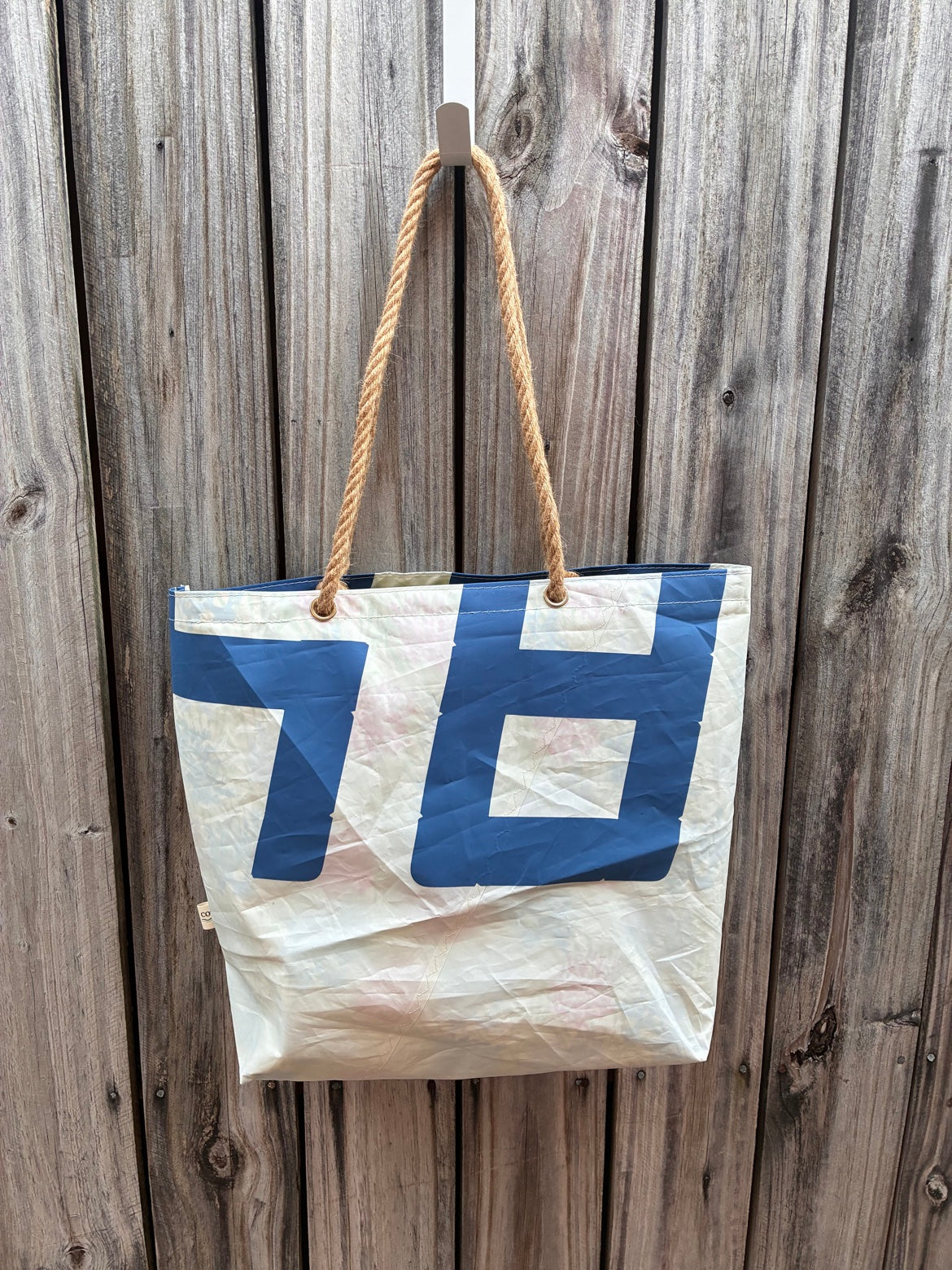 The Haul – Sailcloth Tote Bag | Laser/ILCA Radial Sail, Blue Numbers, Coral Lining | Manila Rope Handles | One of a Kind | Made from Real Sail