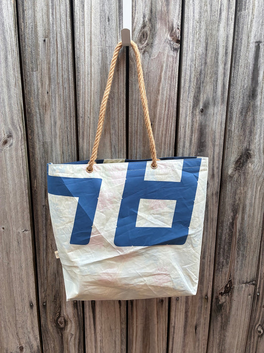The Haul – Sailcloth Tote Bag | Laser/ILCA Radial Sail, Blue Numbers, Coral Lining | Manila Rope Handles | One of a Kind | Made from Real Sail