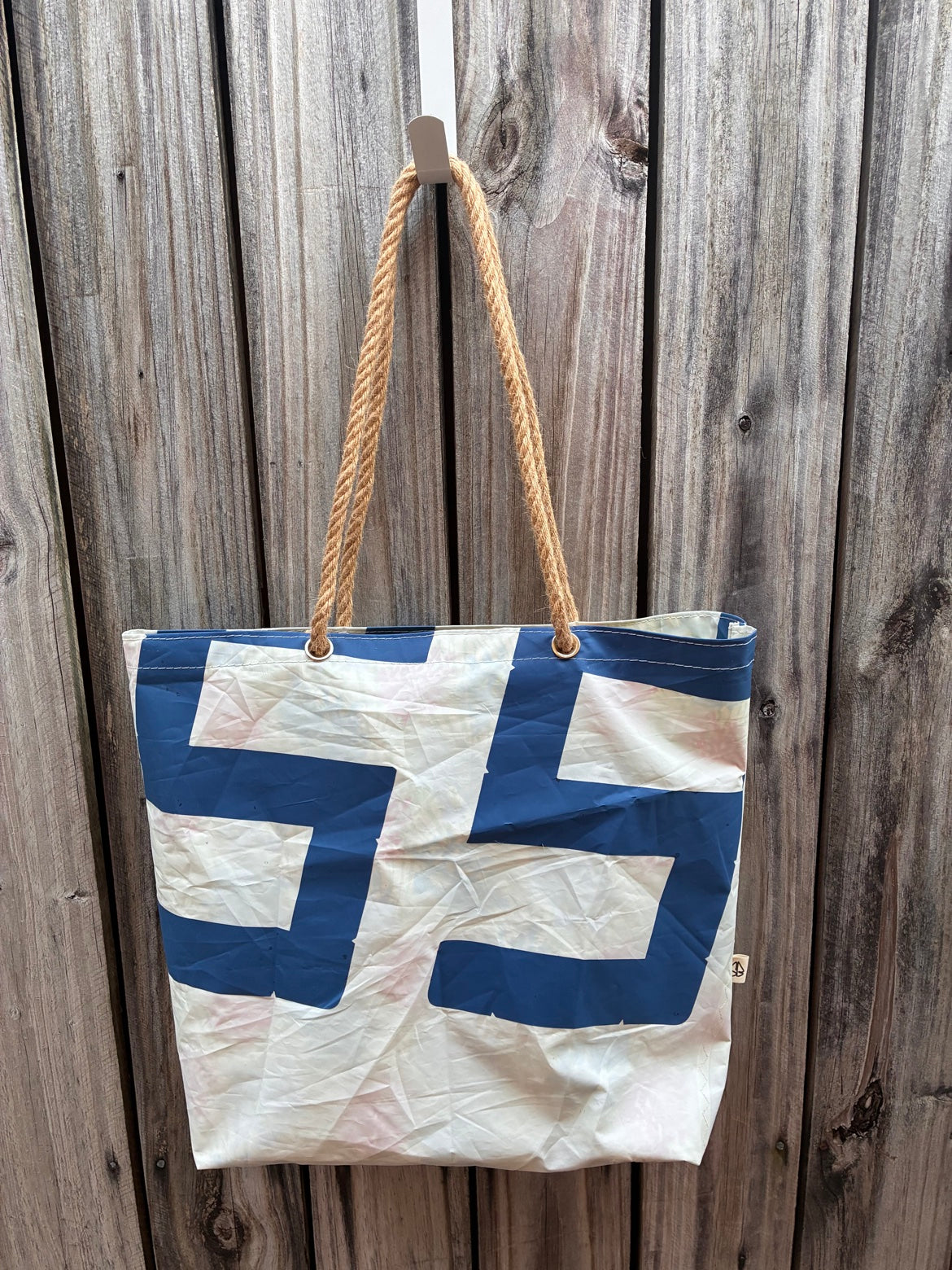 The Haul – Sailcloth Tote Bag | Laser/ILCA Radial Sail, Blue Numbers, Coral Lining | Manila Rope Handles | One of a Kind | Made from Real Sail