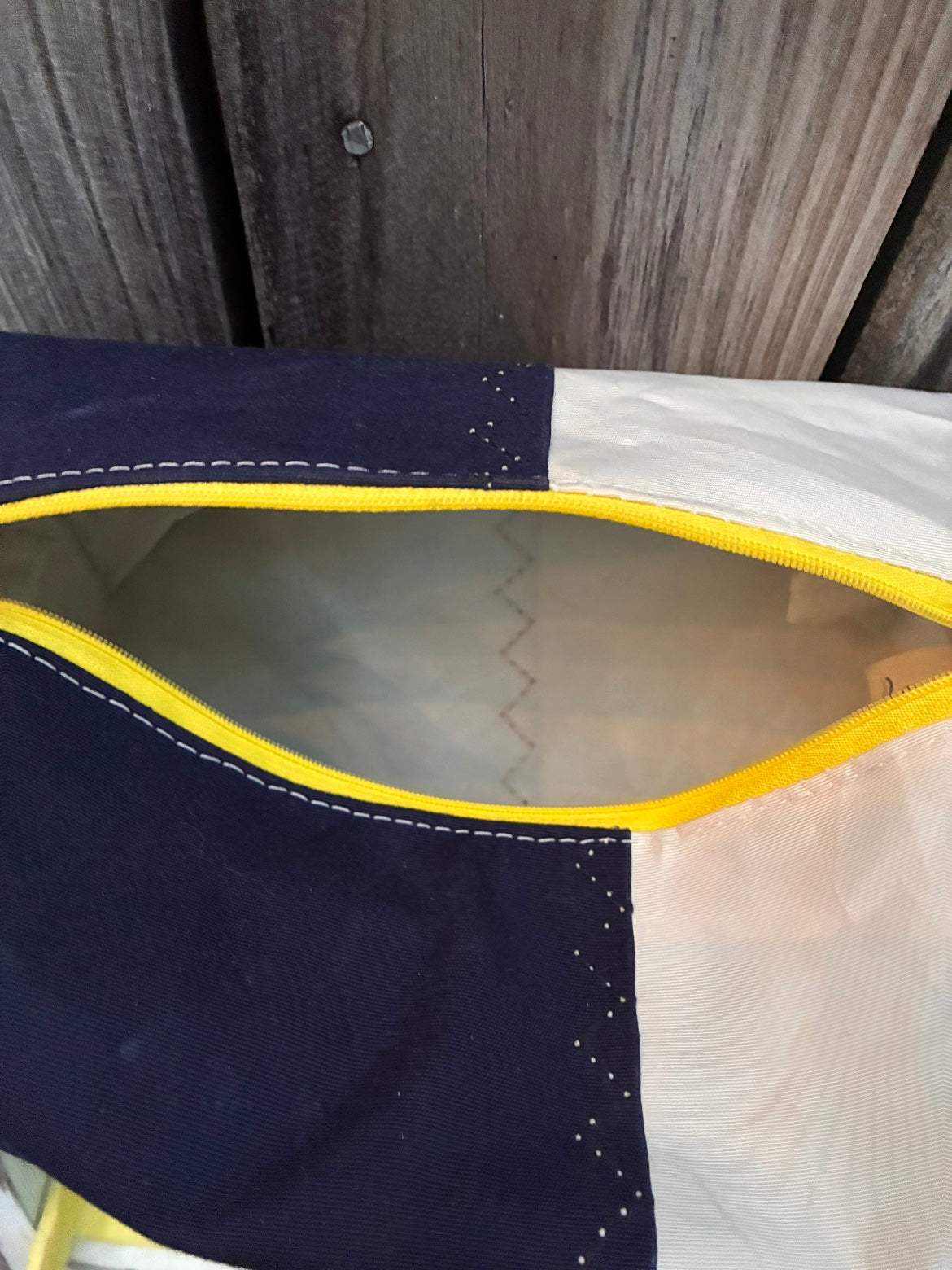 The Leeward Pouch – Sailcloth Box Pouch | Genoa Sail, Navy UV Cover, Yellow Zipper | Unlined | One of a Kind | Made from Real Sail