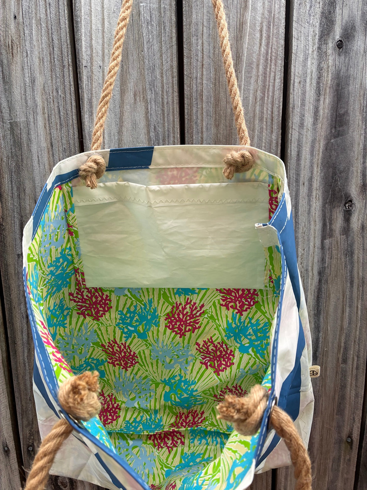 The Haul – Sailcloth Tote Bag | Laser/ILCA Radial Sail, Blue Numbers, Coral Lining | Manila Rope Handles | One of a Kind | Made from Real Sail