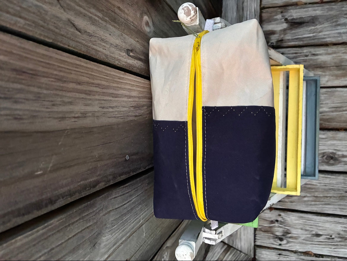 The Leeward Pouch – Sailcloth Box Pouch | Genoa Sail, Navy UV Cover, Yellow Zipper | Unlined | One of a Kind | Made from Real Sail
