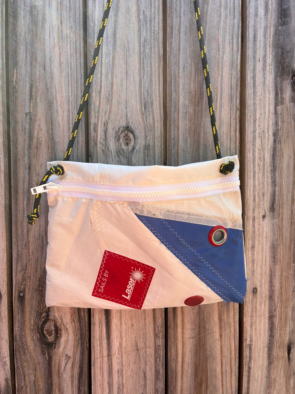 The Tender – Sailcloth Crossbody Messenger Bag | Laser/ILCA Radial Sail | Tack Patch, Cunningham Ring & Royalty Button | One of a Kind | Made from Real Sail