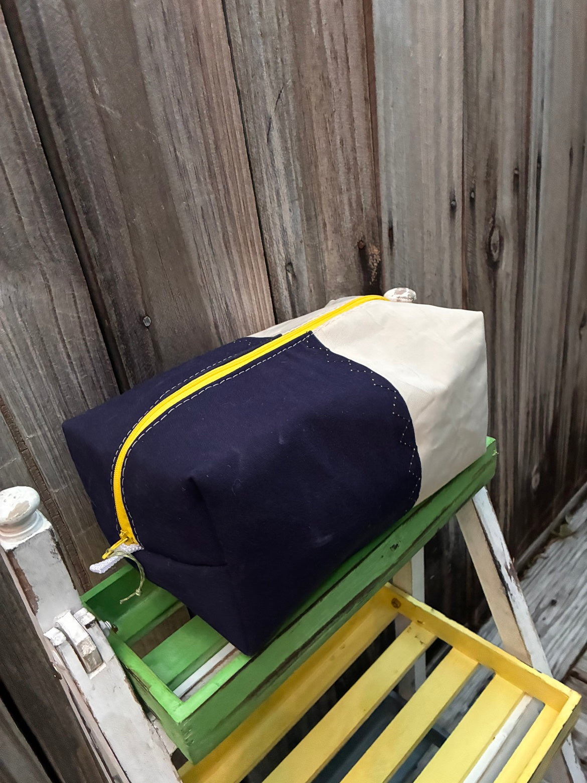 The Leeward Pouch – Sailcloth Box Pouch | Genoa Sail, Navy UV Cover, Yellow Zipper | Unlined | One of a Kind | Made from Real Sail