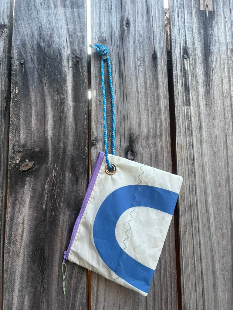 The Grab – Sailcloth Wristlet | Optimist Sail, Blue Zero, Lilac Zip | One of a Kind | Made from Real Sail