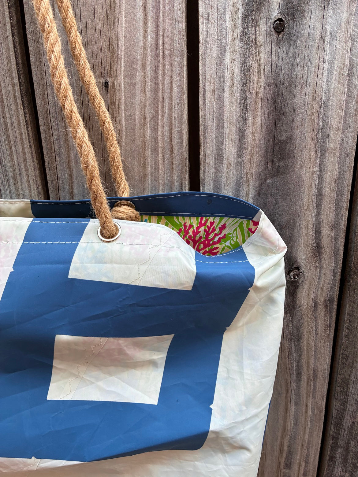 The Haul – Sailcloth Tote Bag | Laser/ILCA Radial Sail, Blue Numbers, Coral Lining | Manila Rope Handles | One of a Kind | Made from Real Sail