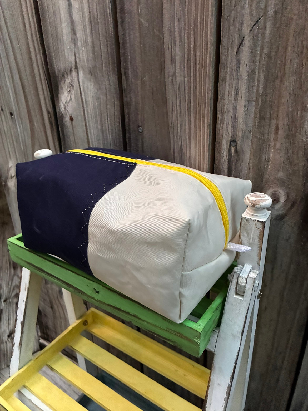 The Leeward Pouch – Sailcloth Box Pouch | Genoa Sail, Navy UV Cover, Yellow Zipper | Unlined | One of a Kind | Made from Real Sail