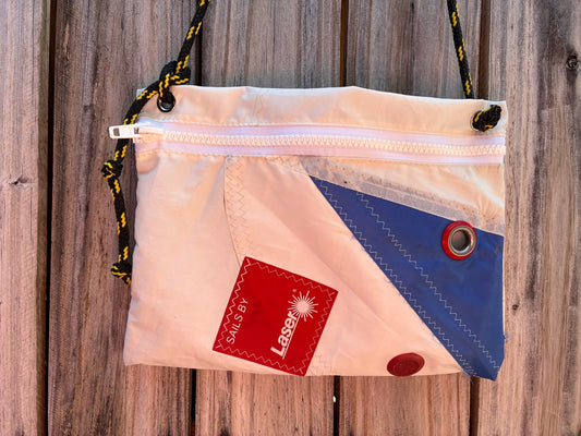 The Tender – Sailcloth Crossbody Messenger Bag | Laser/ILCA Radial Sail | Tack Patch, Cunningham Ring & Royalty Button | One of a Kind | Made from Real Sail
