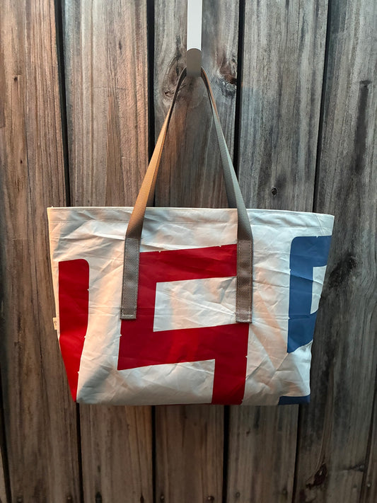 The Haul – Sailcloth Tote Bag | Laser/ILCA Radial Sail, Red & Blue Numbers | Lined | One of a Kind | Made from Real Sail