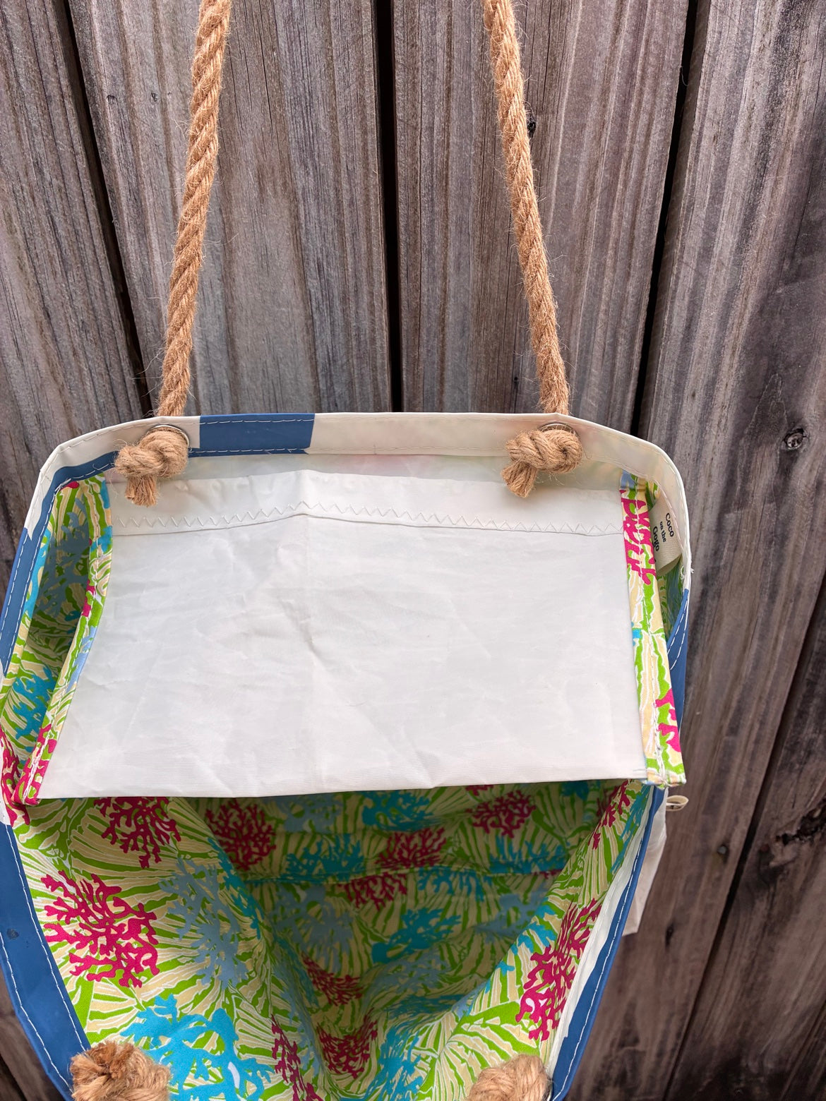 The Haul – Sailcloth Tote Bag | Laser/ILCA Radial Sail, Blue Numbers, Coral Lining | Manila Rope Handles | One of a Kind | Made from Real Sail