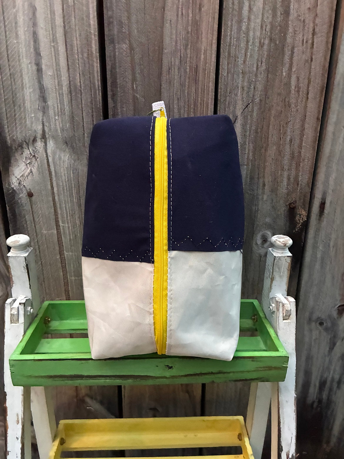 The Leeward Pouch – Sailcloth Box Pouch | Genoa Sail, Navy UV Cover, Yellow Zipper | Unlined | One of a Kind | Made from Real Sail