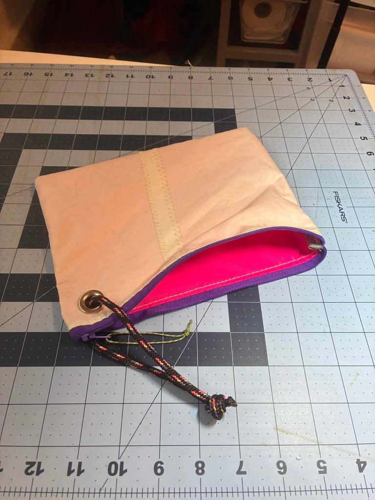 The Grab – Sailcloth Wristlet | Optimist Sail, Purple Zip, Neon Lining | One of a Kind | Made from Real Sail
