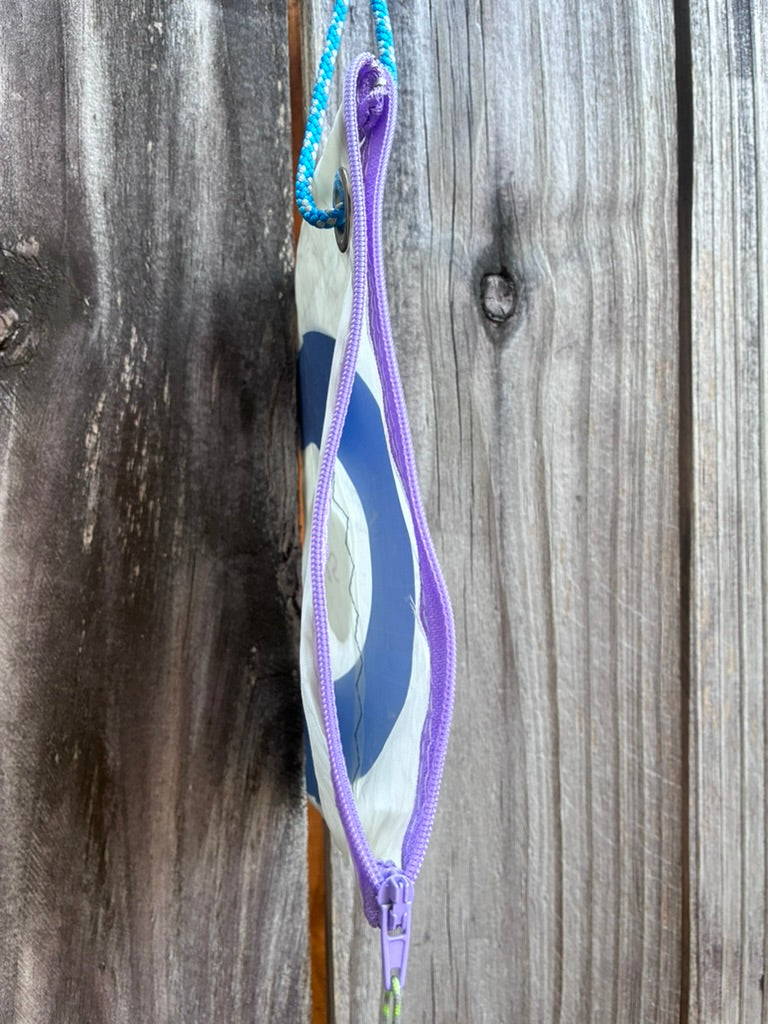 The Grab – Sailcloth Wristlet | Optimist Sail, Blue Zero, Lilac Zip | One of a Kind | Made from Real Sail