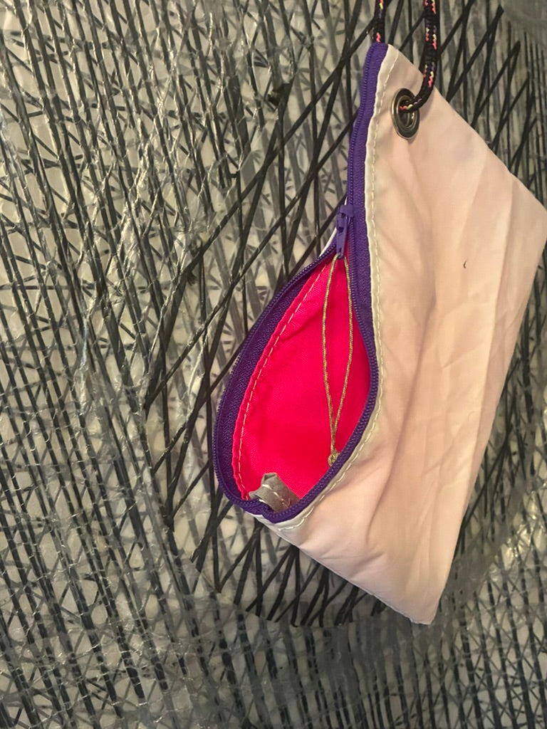 The Grab – Sailcloth Wristlet | Optimist Sail, Purple Zip, Neon Lining | One of a Kind | Made from Real Sail