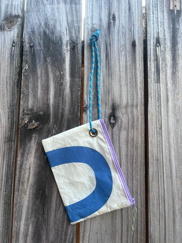 The Grab – Sailcloth Wristlet | Optimist Sail, Blue Zero, Lilac Zip | One of a Kind | Made from Real Sail