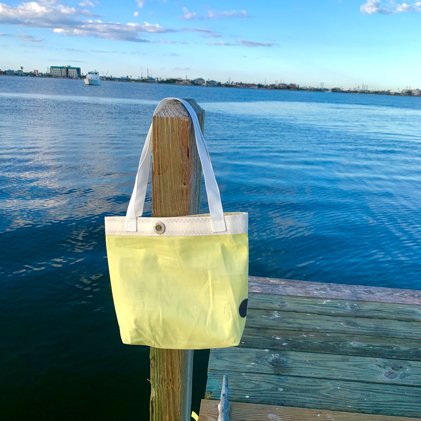 Small Tote - Upcycled Yellow Sunfish Sail with Lemon Pattern Pocket