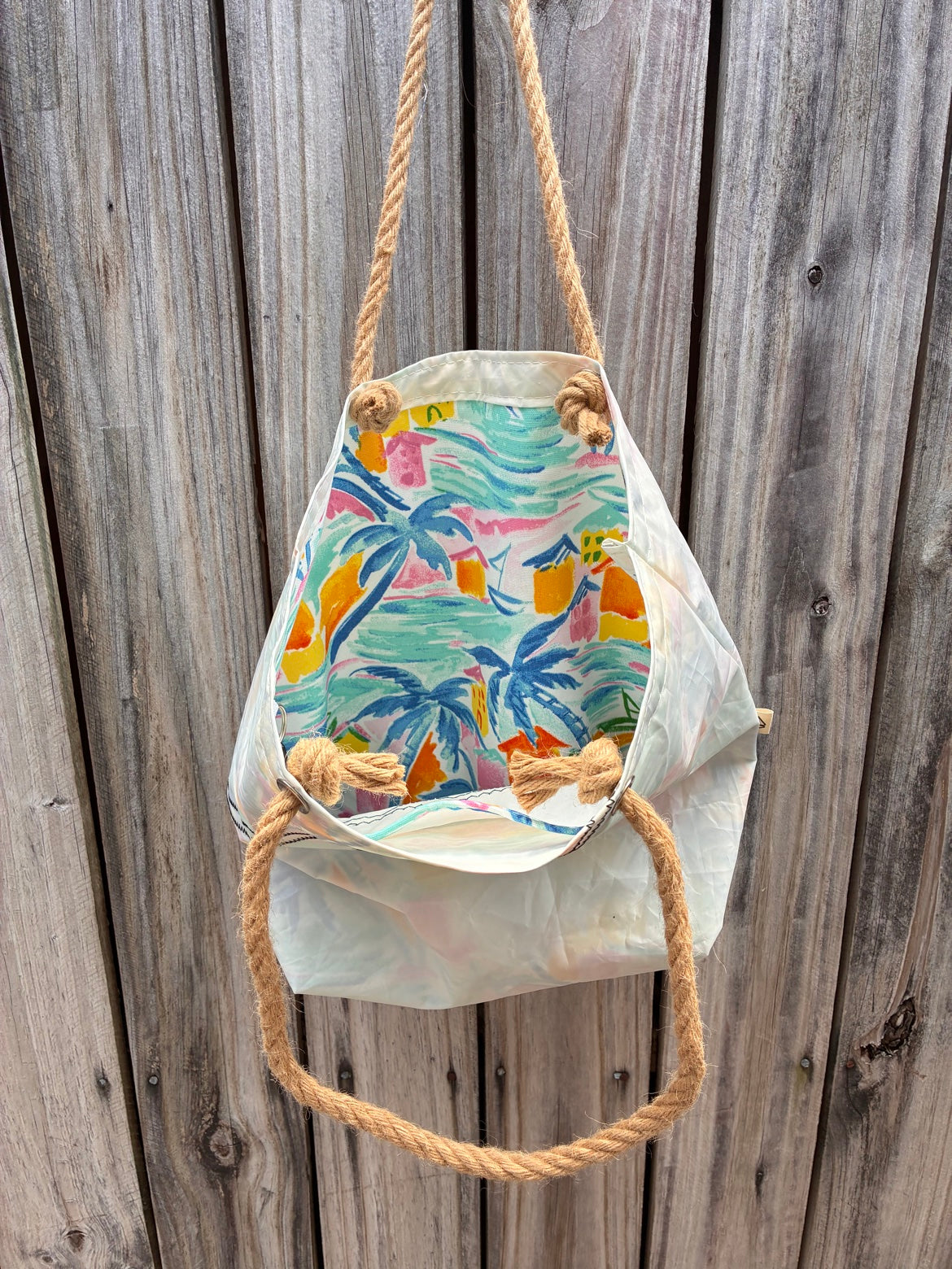 The Haul – Sailcloth Tote Bag | Lido 14 Sail, Happy Island Lining | One of a Kind | Made from Real Sail