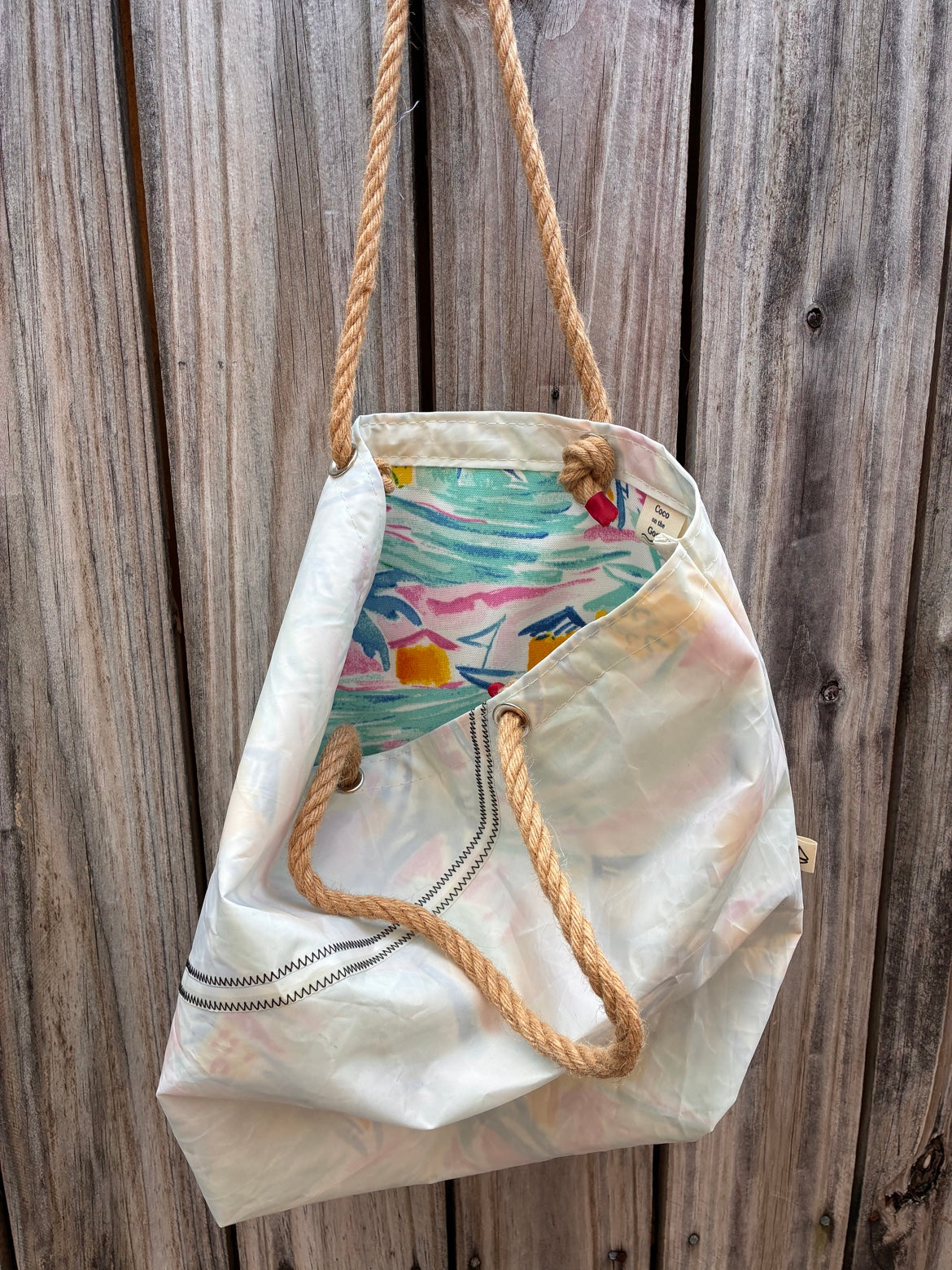 The Haul – Sailcloth Tote Bag | Lido 14 Sail, Happy Island Lining | One of a Kind | Made from Real Sail
