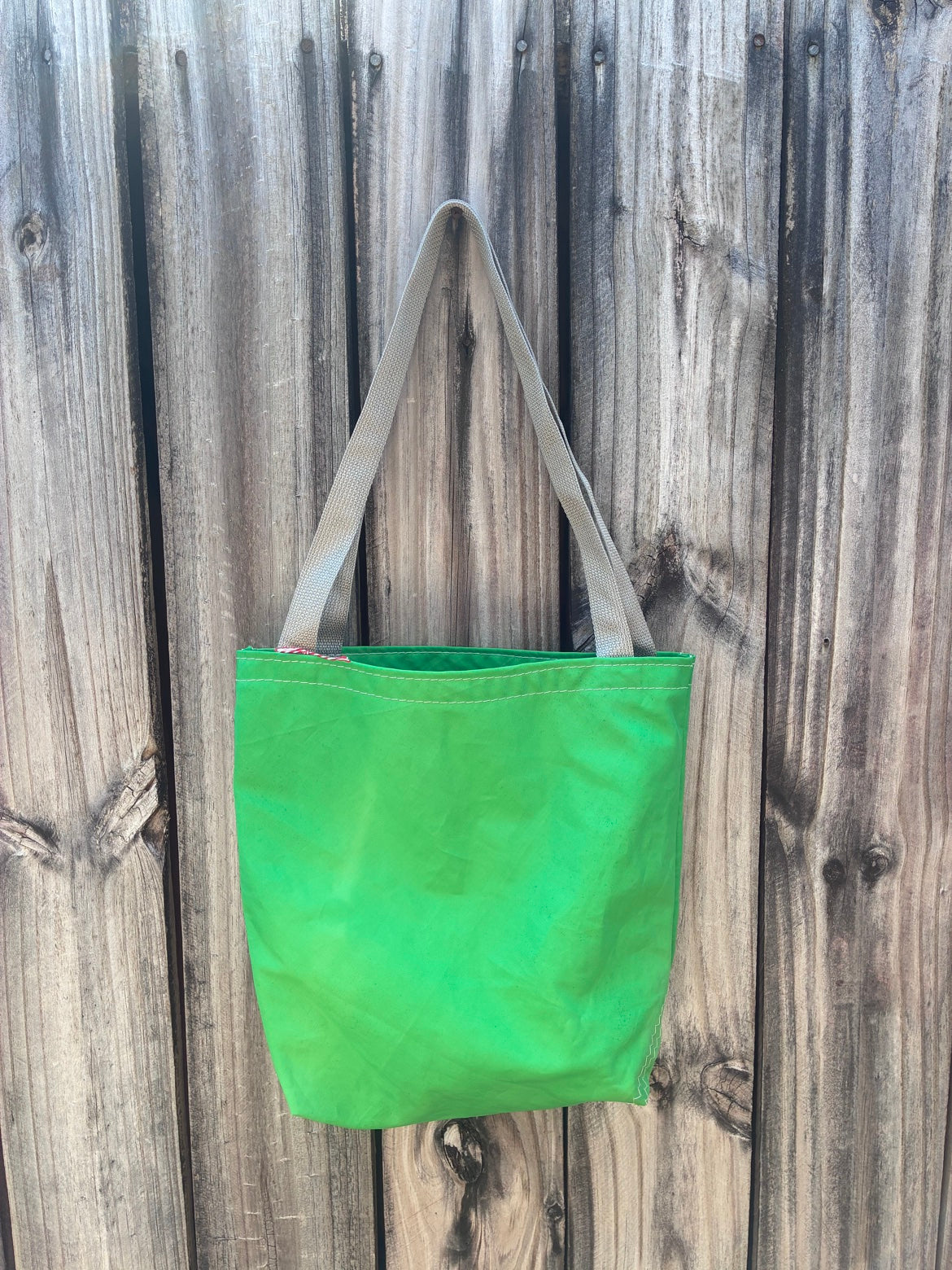 The Haul – Sailcloth Tote Bag | Green Sunfish Sail, Shell Lining | One of a Kind | Made from Real Sail