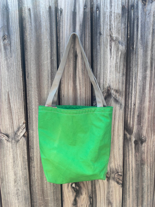 The Haul – Sailcloth Tote Bag | Green Sunfish Sail, Shell Lining | One of a Kind | Made from Real Sail