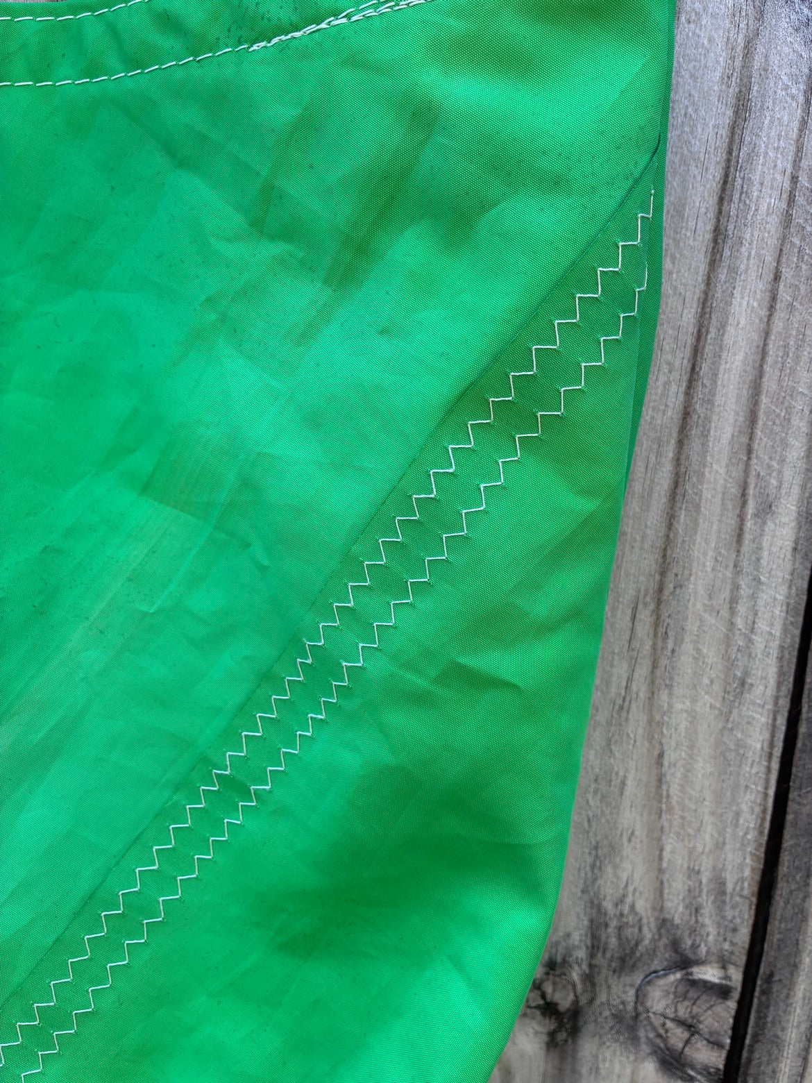 The Haul – Sailcloth Tote Bag | Green Sunfish Sail, Shell Lining | One of a Kind | Made from Real Sail