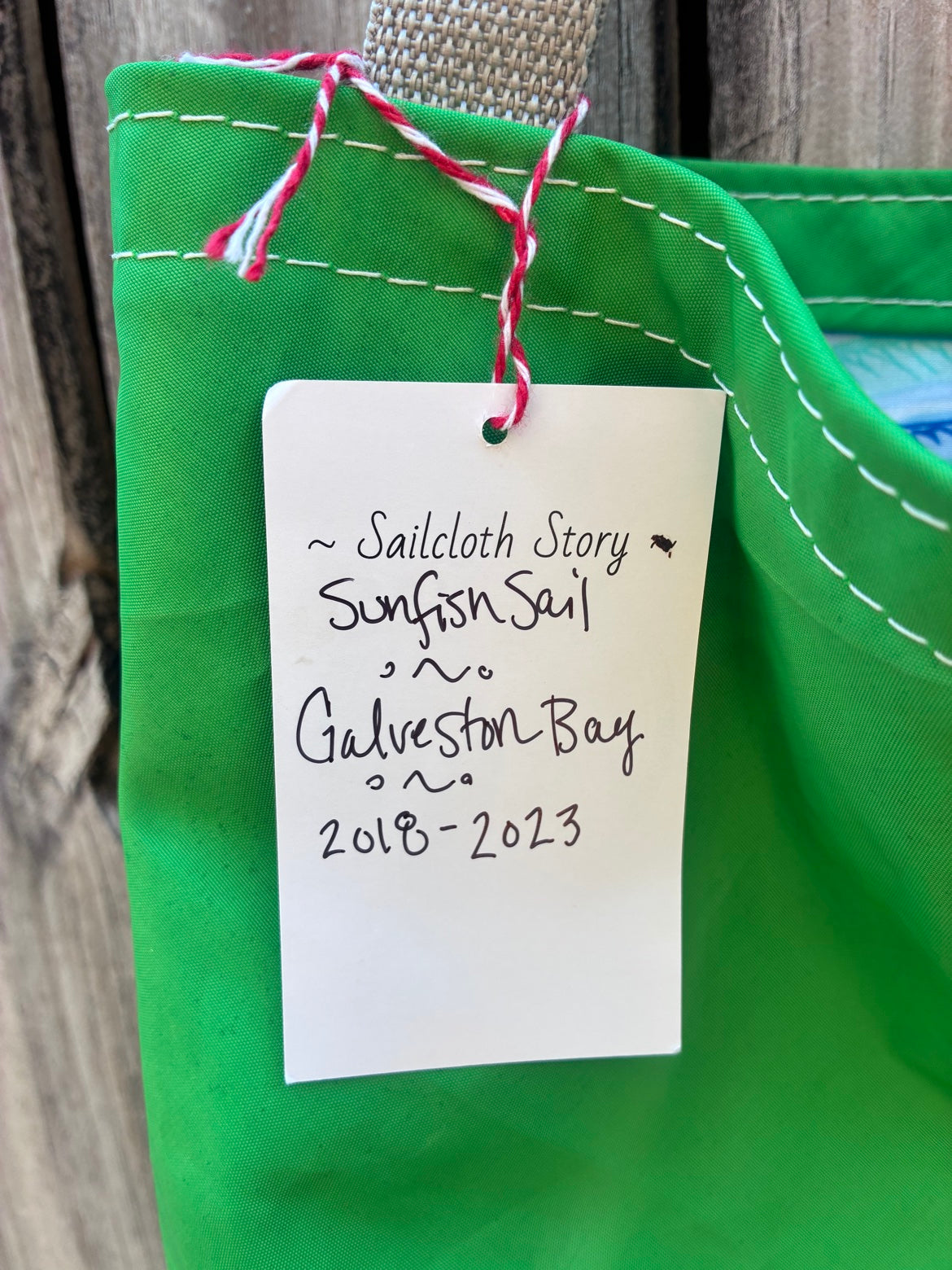 The Haul – Sailcloth Tote Bag | Green Sunfish Sail, Shell Lining | One of a Kind | Made from Real Sail