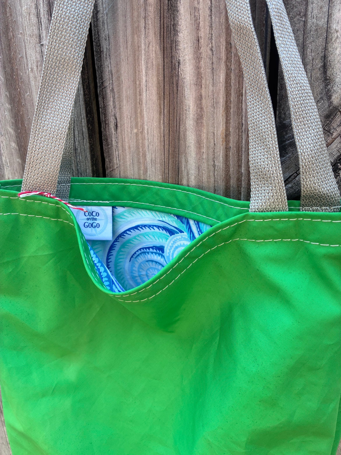 The Haul – Sailcloth Tote Bag | Green Sunfish Sail, Shell Lining | One of a Kind | Made from Real Sail