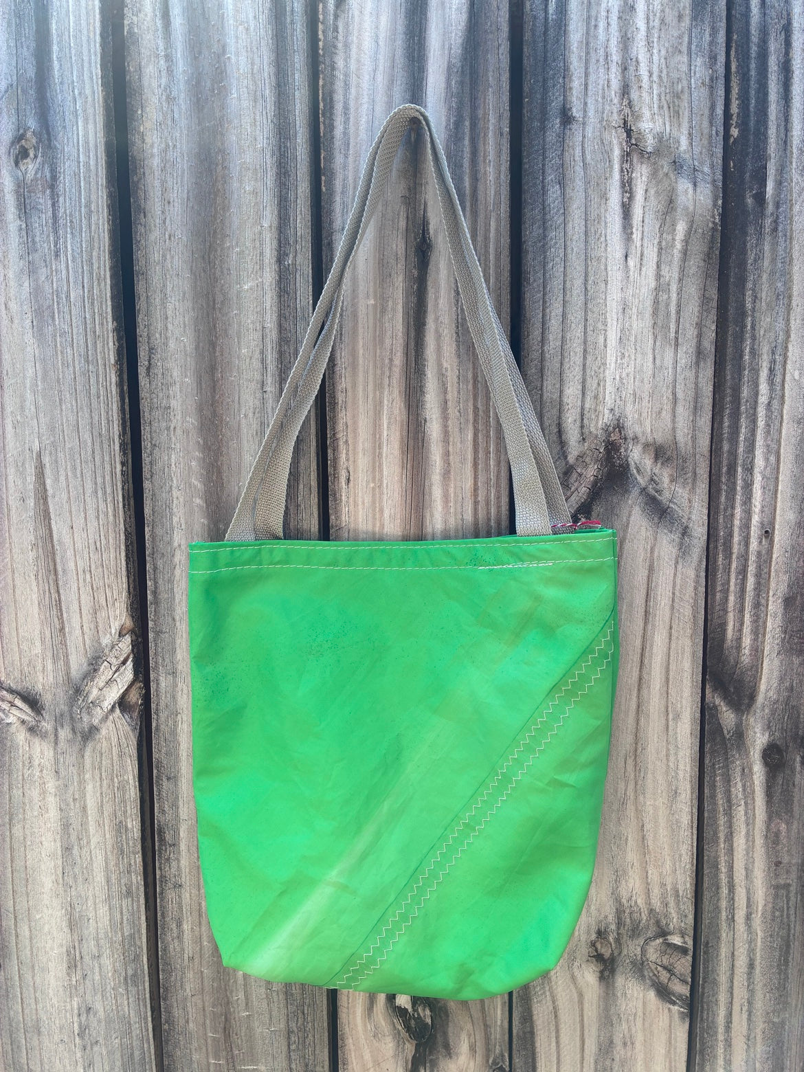The Haul – Sailcloth Tote Bag | Green Sunfish Sail, Shell Lining | One of a Kind | Made from Real Sail