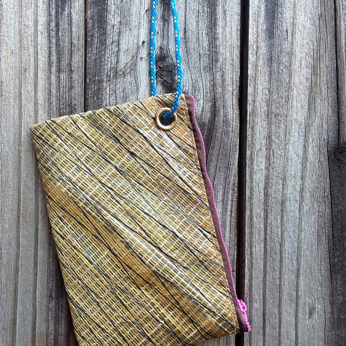 The Grab – Sailcloth Wristlet | J105 Genoa, Gold Laminate, Pink Zip | One of a Kind | Made from Real Sail