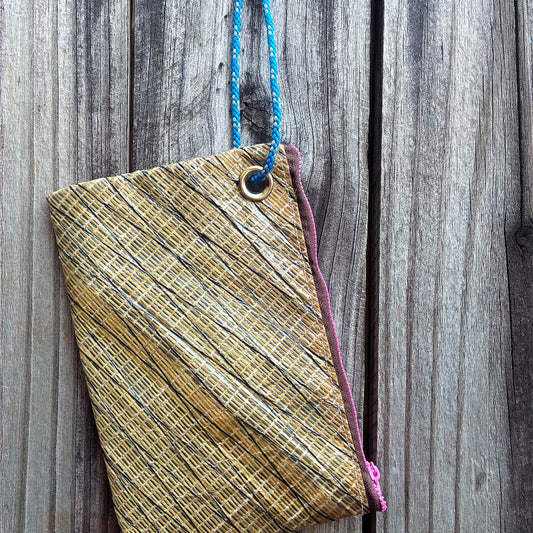 The Grab – Sailcloth Wristlet | J105 Genoa, Gold Laminate, Pink Zip | One of a Kind | Made from Real Sail