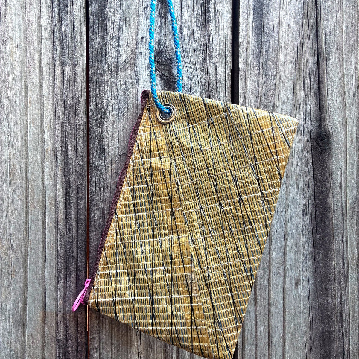 The Grab – Sailcloth Wristlet | J105 Genoa, Gold Laminate, Pink Zip | One of a Kind | Made from Real Sail