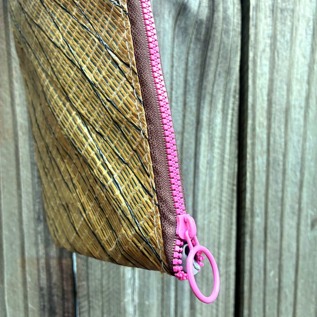 The Grab – Sailcloth Wristlet | J105 Genoa, Gold Laminate, Pink Zip | One of a Kind | Made from Real Sail