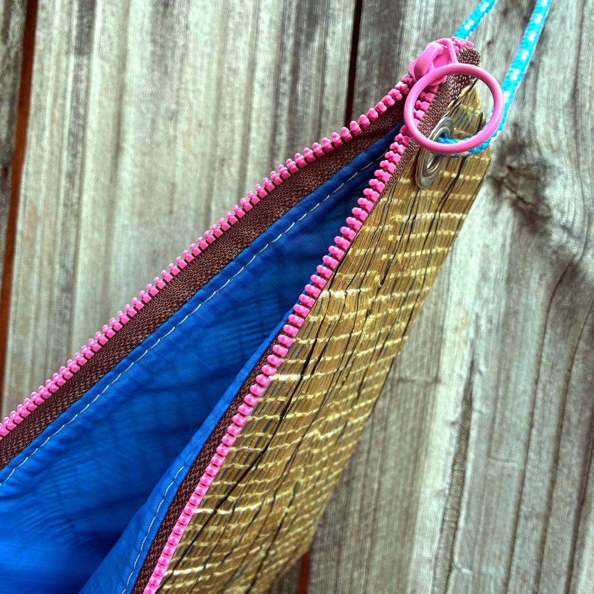 The Grab – Sailcloth Wristlet | J105 Genoa, Gold Laminate, Pink Zip | One of a Kind | Made from Real Sail