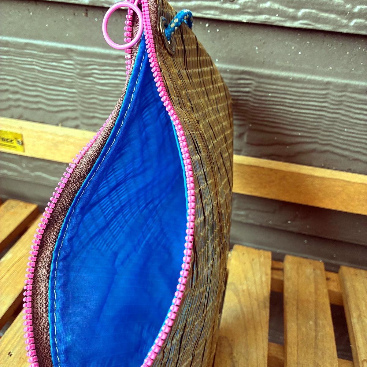 The Grab – Sailcloth Wristlet | J105 Genoa, Gold Laminate, Pink Zip | One of a Kind | Made from Real Sail