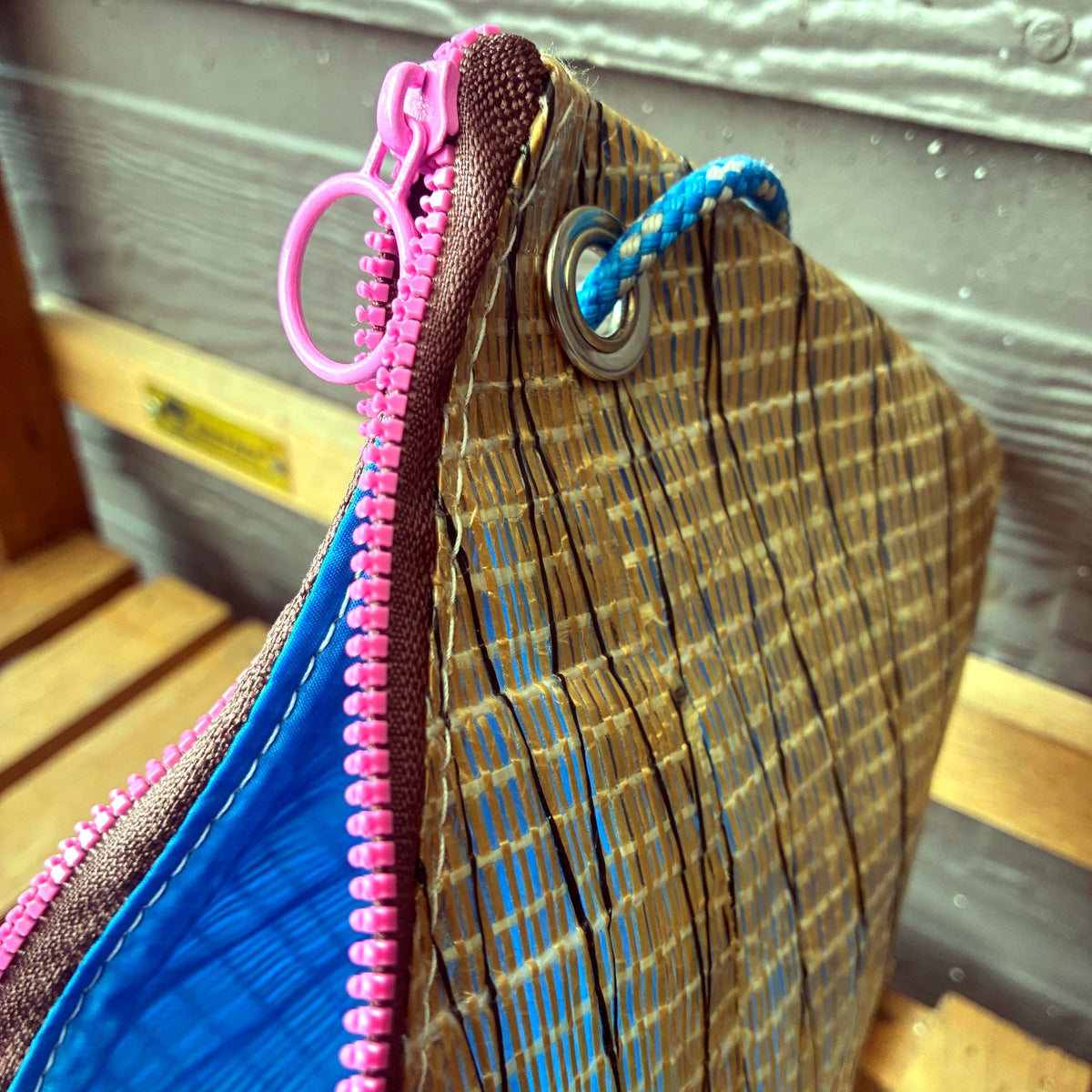 The Grab – Sailcloth Wristlet | J105 Genoa, Gold Laminate, Pink Zip | One of a Kind | Made from Real Sail