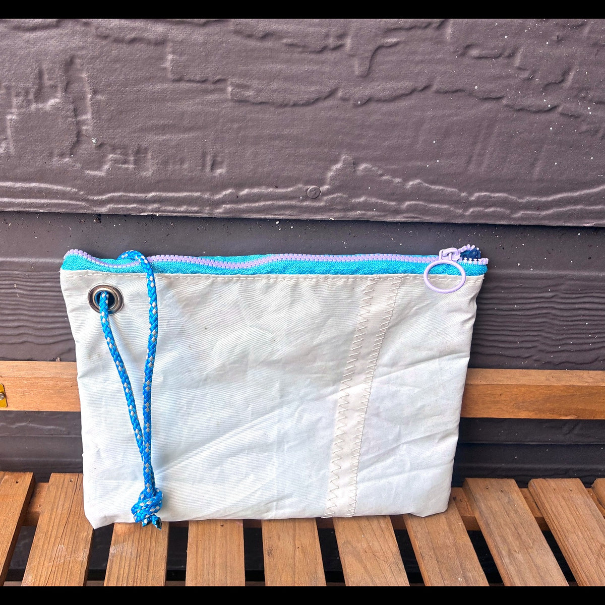 The Grab – Sailcloth Wristlet | Lido 14 Mainsail, Sea Turtle Lining, Blue Zip | One of a Kind | Made from Real Sail