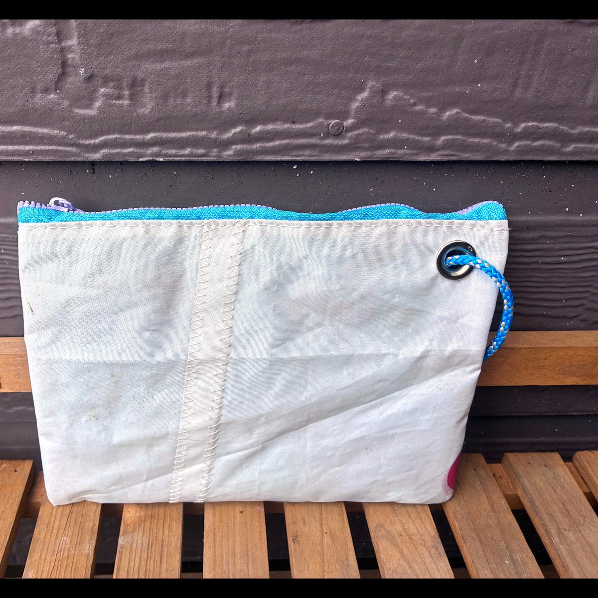 The Grab – Sailcloth Wristlet | Lido 14 Mainsail, Sea Turtle Lining, Blue Zip | One of a Kind | Made from Real Sail