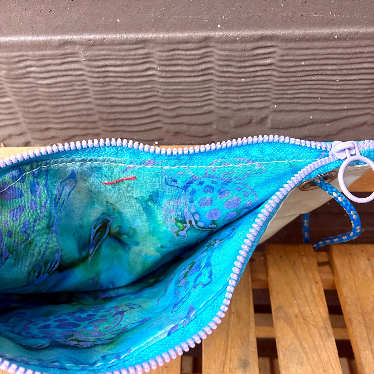 The Grab – Sailcloth Wristlet | Lido 14 Mainsail, Sea Turtle Lining, Blue Zip | One of a Kind | Made from Real Sail