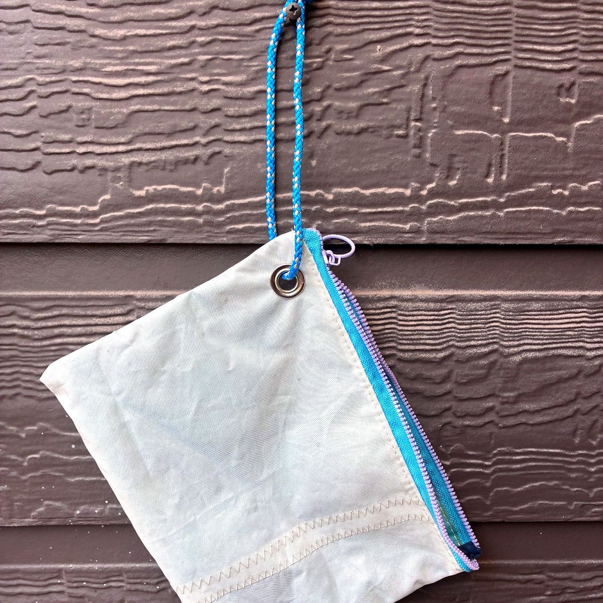 The Grab – Sailcloth Wristlet | Lido 14 Mainsail, Sea Turtle Lining, Blue Zip | One of a Kind | Made from Real Sail