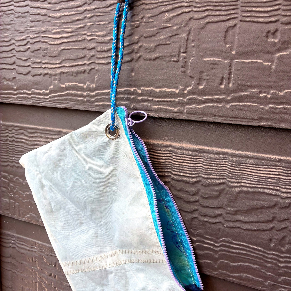 The Grab – Sailcloth Wristlet | Lido 14 Mainsail, Sea Turtle Lining, Blue Zip | One of a Kind | Made from Real Sail