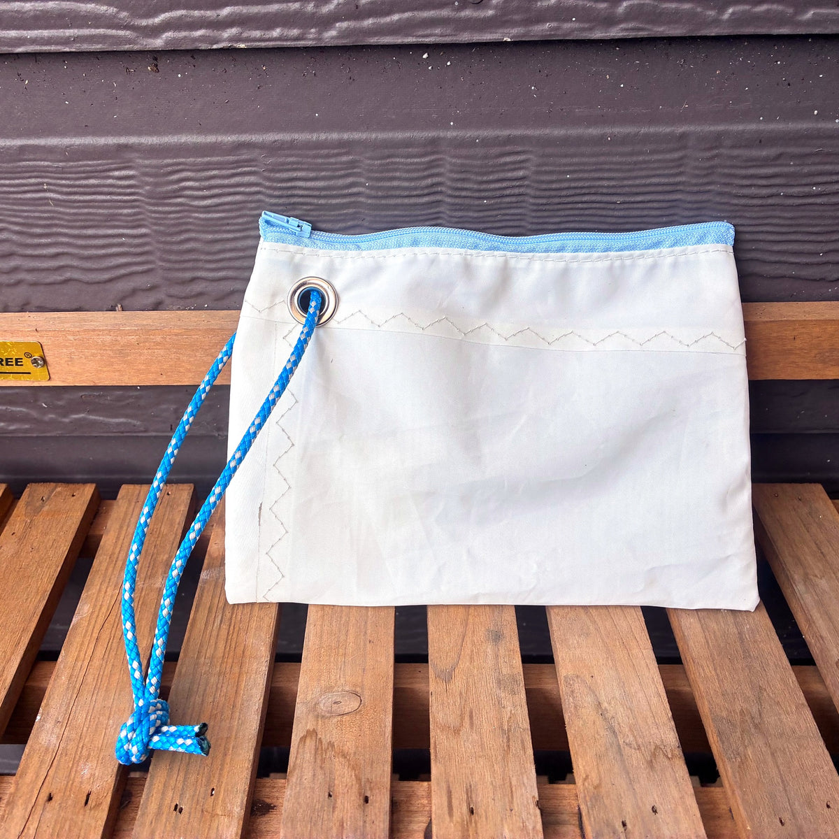 The Grab – Sailcloth Wristlet | Optimist Sail, Sky Blue Zip, Unlined | One of a Kind | Made from Real Sail