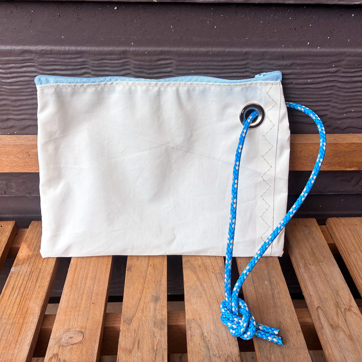 The Grab – Sailcloth Wristlet | Optimist Sail, Sky Blue Zip, Unlined | One of a Kind | Made from Real Sail