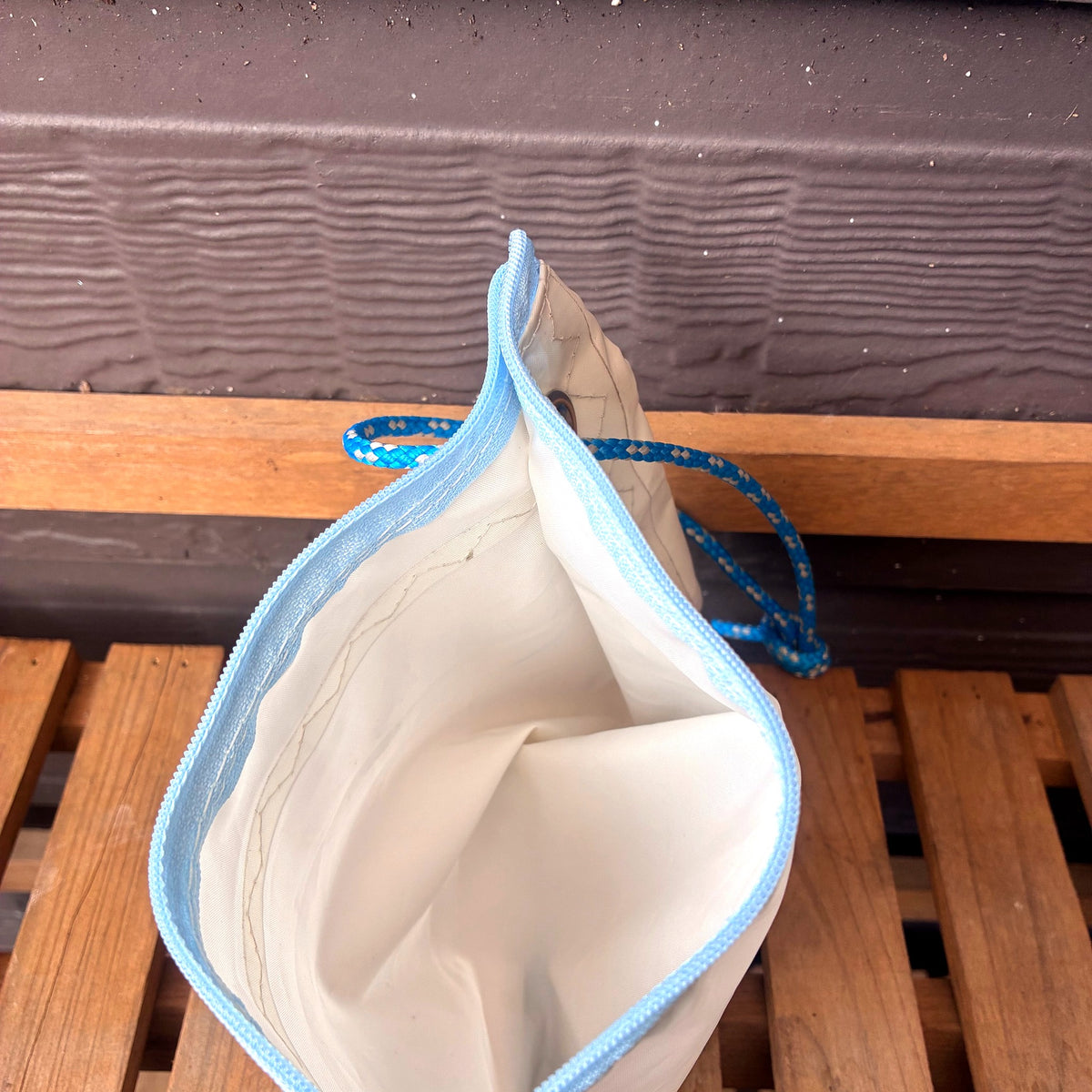The Grab – Sailcloth Wristlet | Optimist Sail, Sky Blue Zip, Unlined | One of a Kind | Made from Real Sail