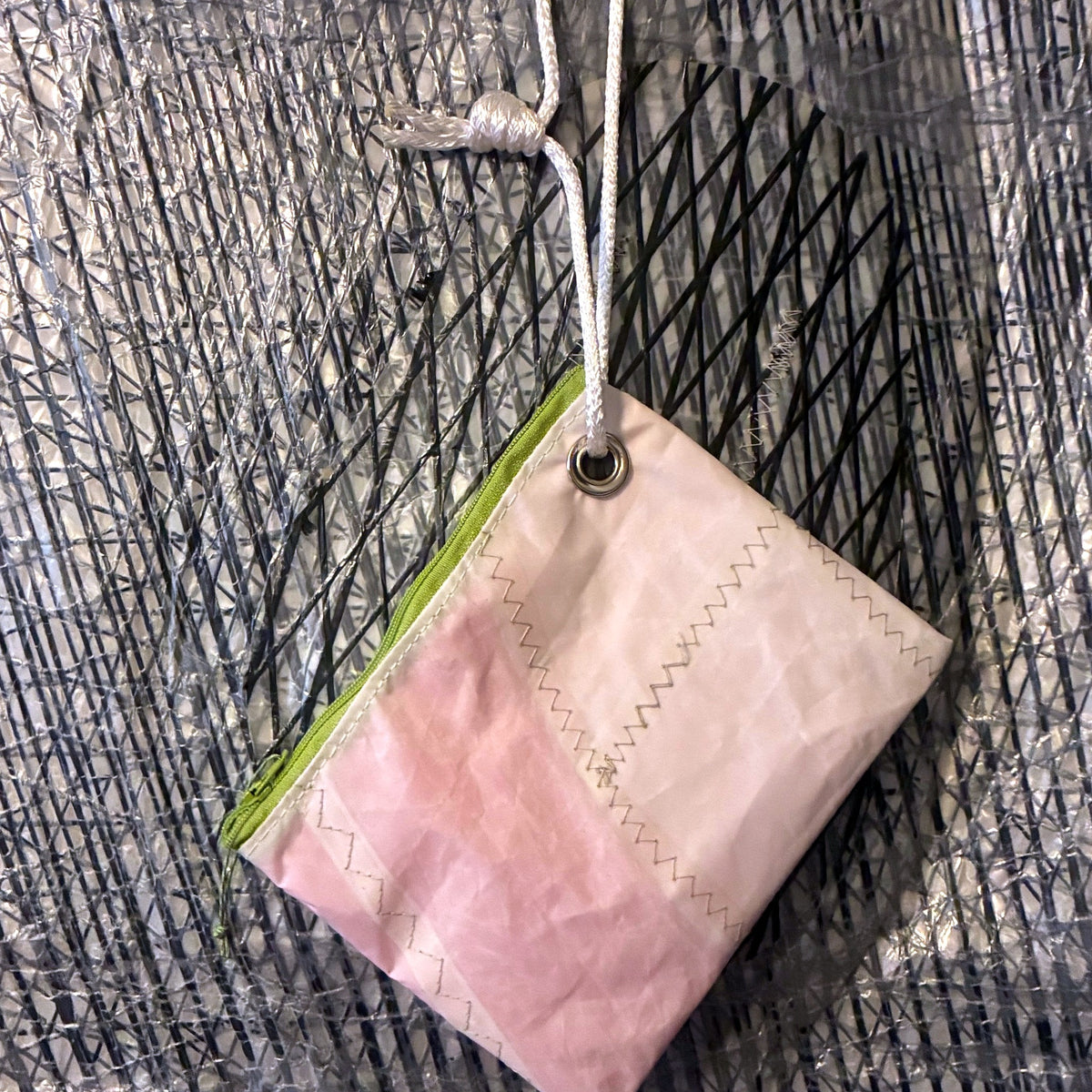 The Grab – Sailcloth Wristlet | Optimist Sail, Neon Pink Lining, Lime Zip | One of a Kind | Made from Real Sail
